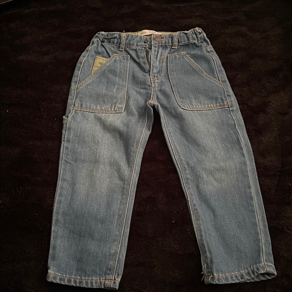 Boy’s 4-5 YRS Zara Blue Denim Jeans 6 Funct Pockets Zip & Snap Close Belt Loops
